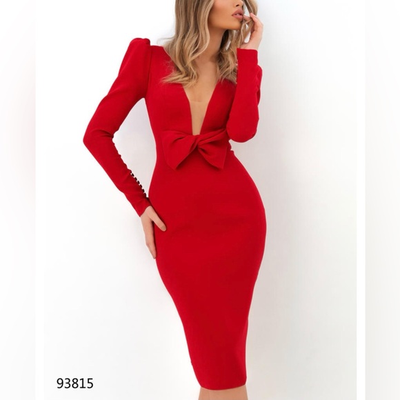 CBR Red Deep-V Bow Front Long Sleeve Bodycon Dress